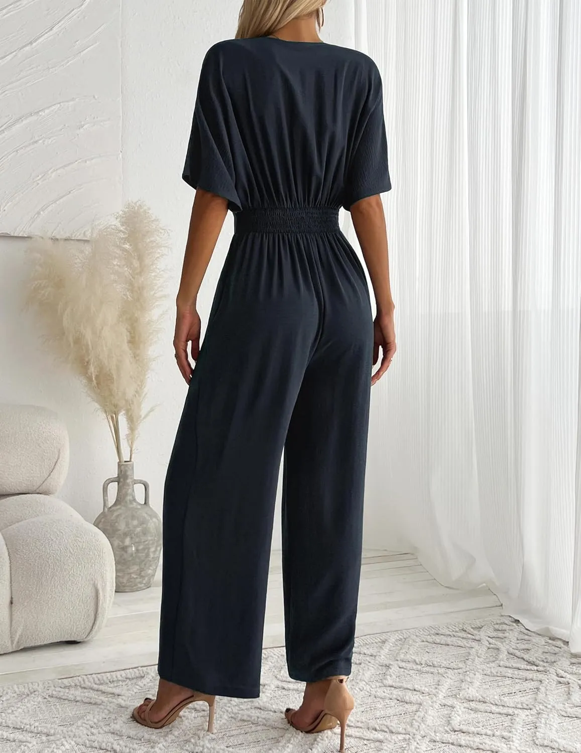 Women's One Piece Jumpsuits Dressy Casual V-Neck Batwing Short Sleeve Wide Leg Elegant Ladies Jumpsuit Rompers