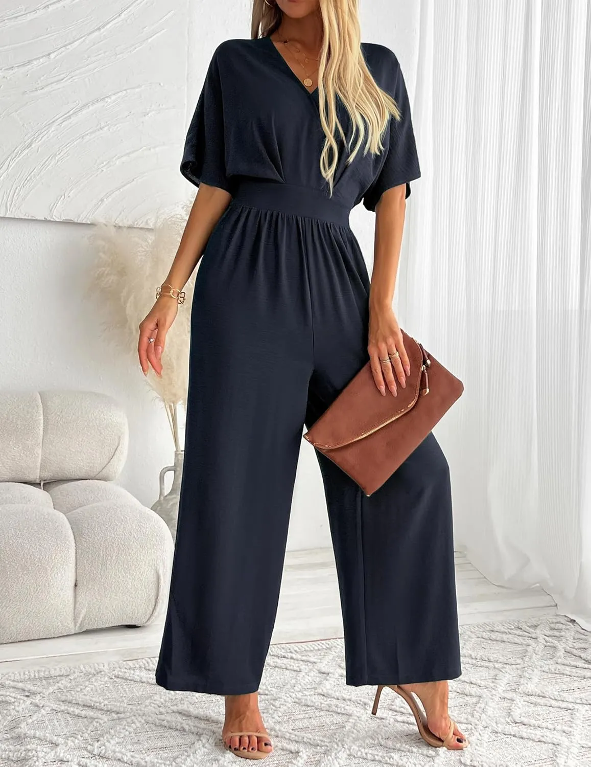 Women's One Piece Jumpsuits Dressy Casual V-Neck Batwing Short Sleeve Wide Leg Elegant Ladies Jumpsuit Rompers
