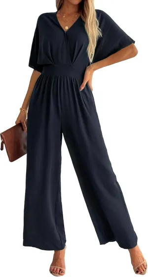 Women's One Piece Jumpsuits Dressy Casual V-Neck Batwing Short Sleeve Wide Leg Elegant Ladies Jumpsuit Rompers