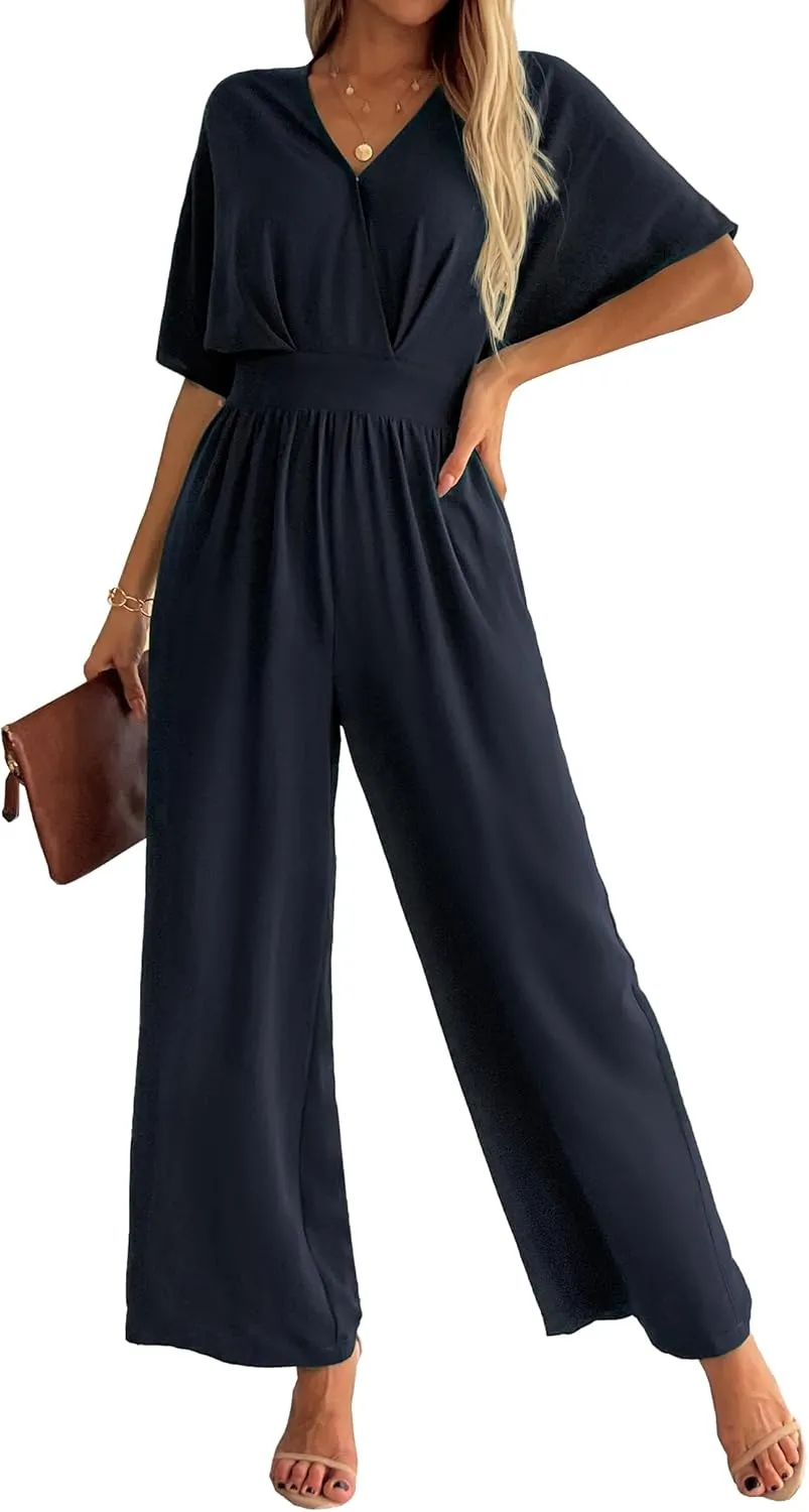 Women's One Piece Jumpsuits Dressy Casual V-Neck Batwing Short Sleeve Wide Leg Elegant Ladies Jumpsuit Rompers