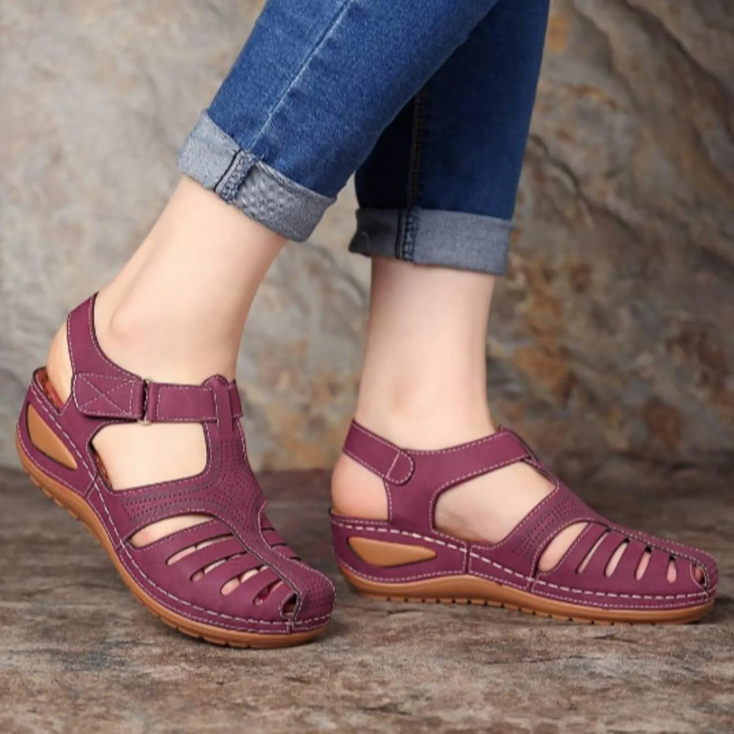 Women's Retro Wedge Sandals, Trendy Closed Toe Hollow Design, Womens Wedge Shoes for Casual & Stylish Looks Shibever Sandals for Women