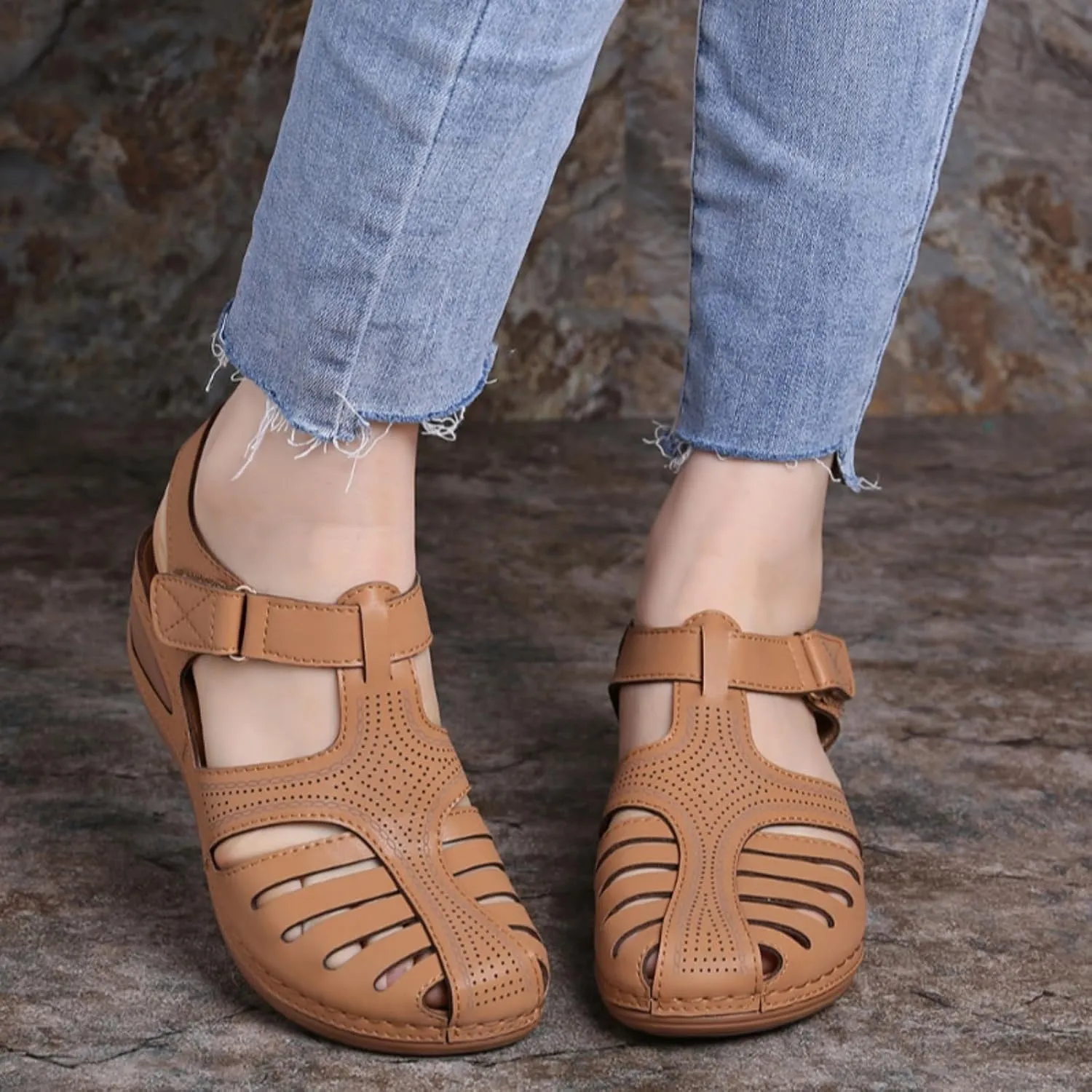 Women's Retro Wedge Sandals, Trendy Closed Toe Hollow Design, Womens Wedge Shoes for Casual & Stylish Looks Shibever Sandals for Women