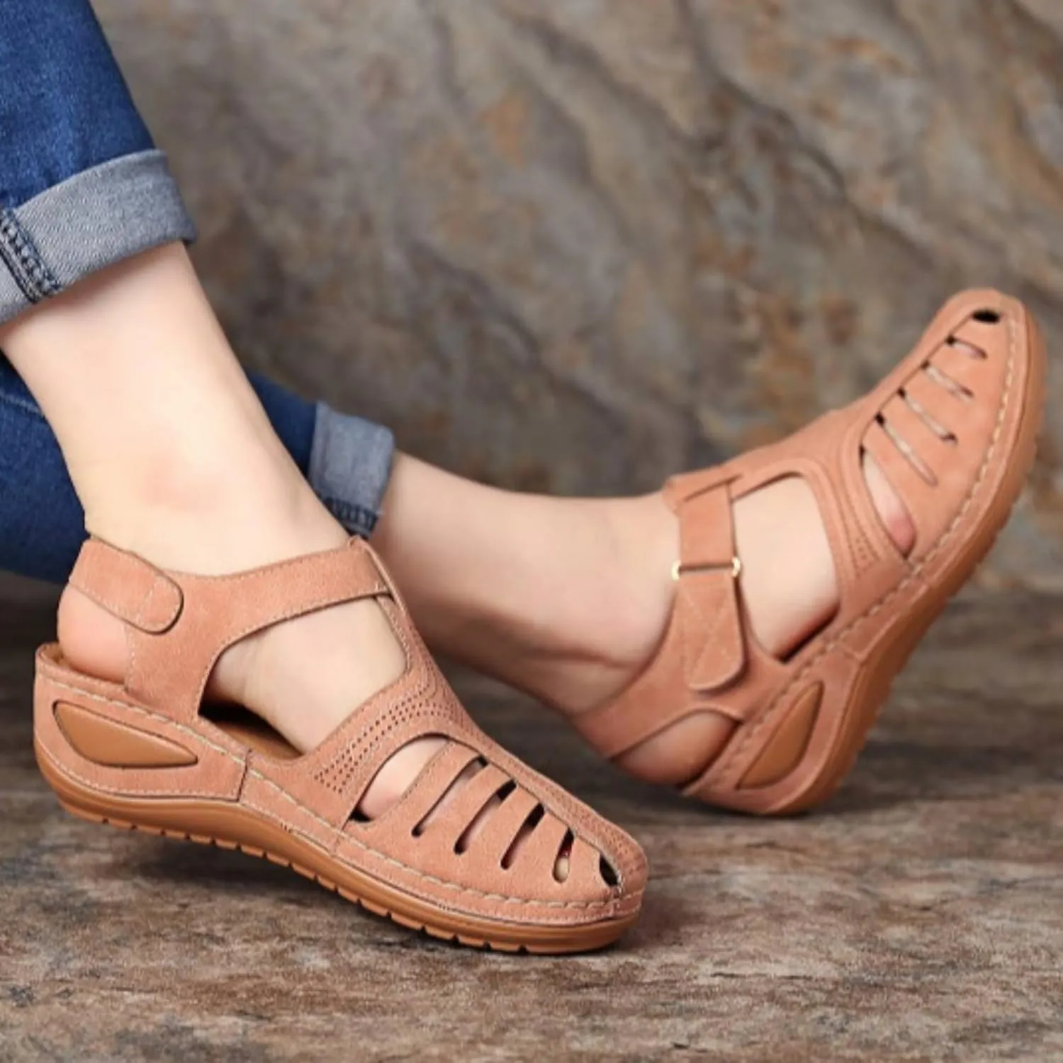 Women's Retro Wedge Sandals, Trendy Closed Toe Hollow Design, Womens Wedge Shoes for Casual & Stylish Looks Shibever Sandals for Women