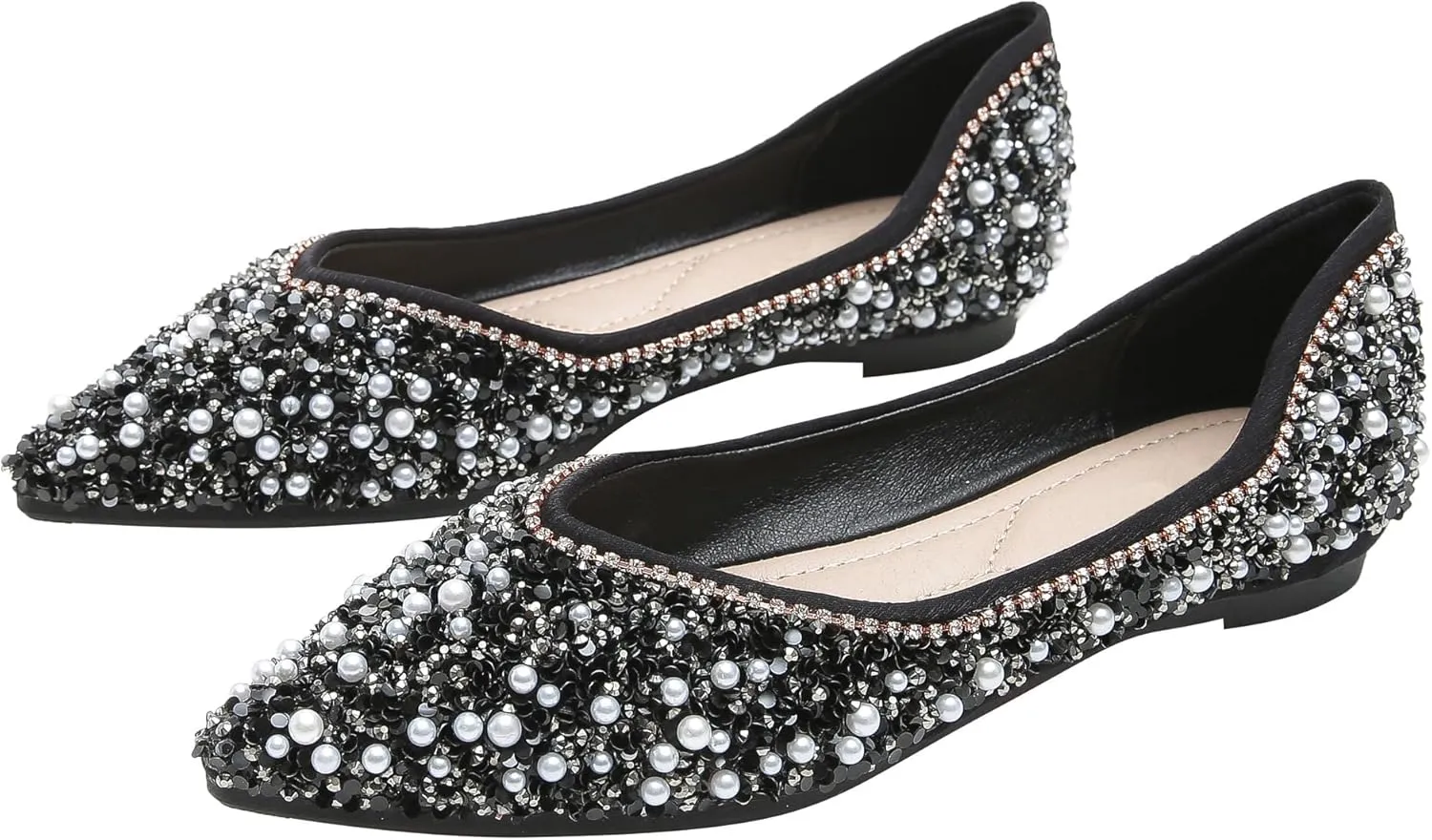 Women's Rhinestone Flats Elegant Bow Knot Glitter Ballet Flats Dress Pearl Wedding Shoes Pointed Toe Slip On Loafers for Women