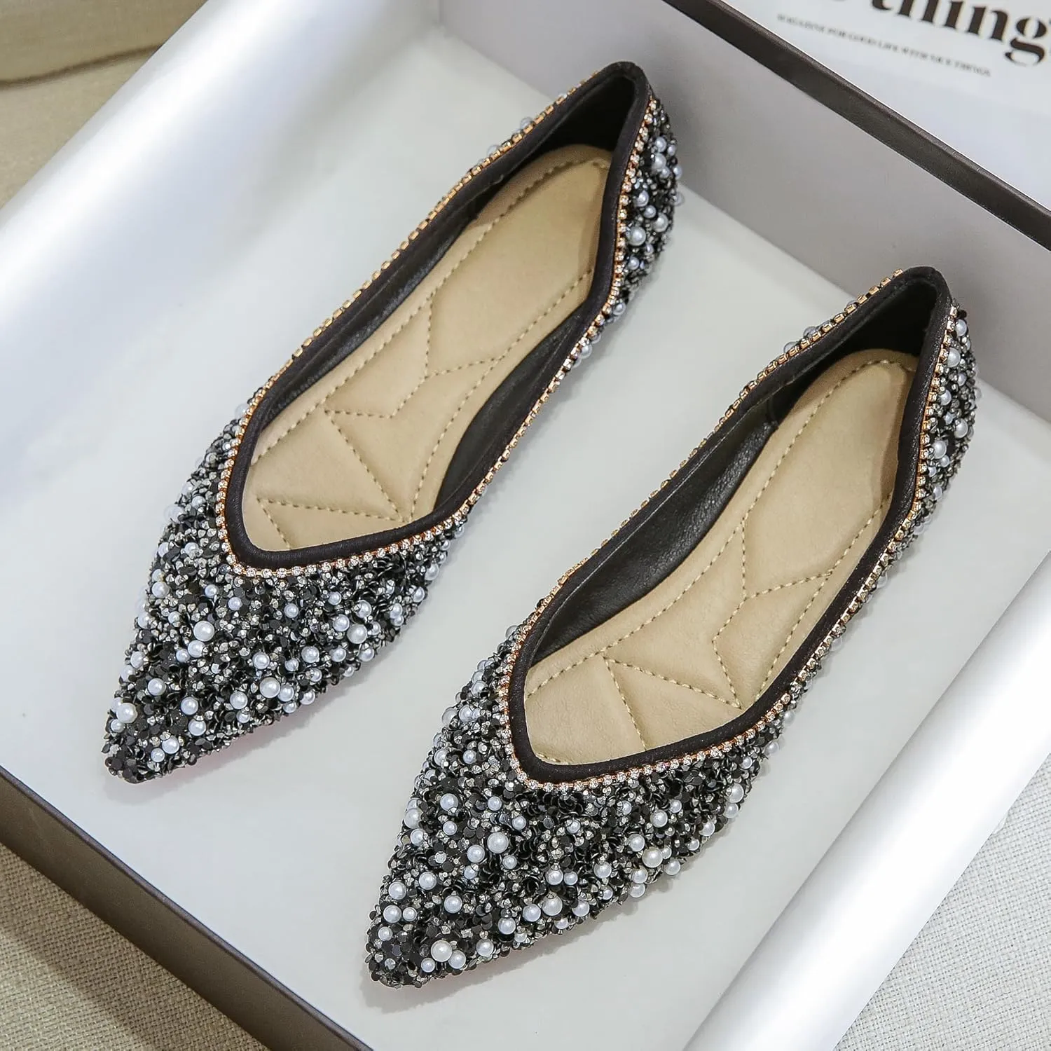 Women's Rhinestone Flats Elegant Bow Knot Glitter Ballet Flats Dress Pearl Wedding Shoes Pointed Toe Slip On Loafers for Women