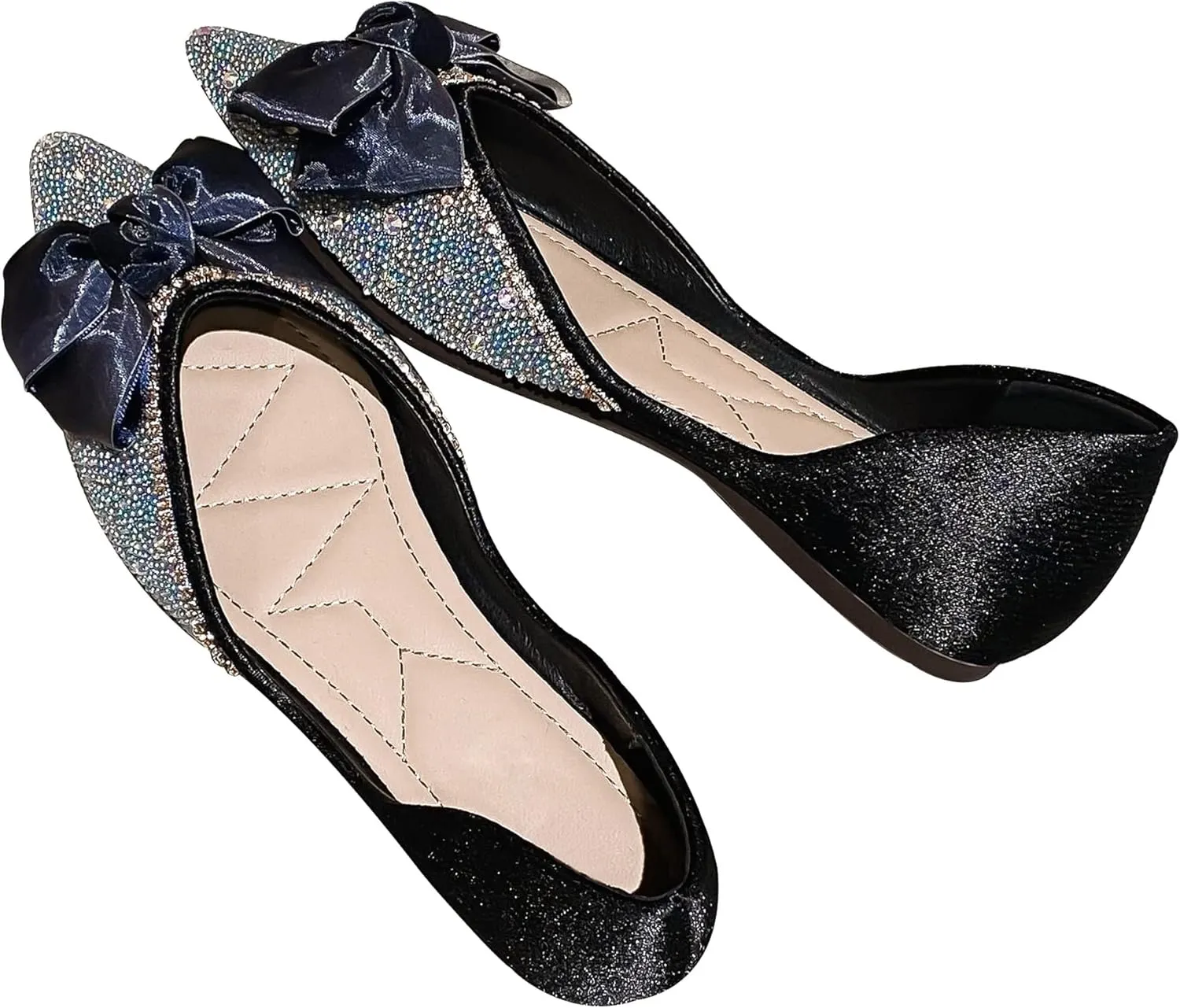 Women's Rhinestone Flats Elegant Bow Knot Glitter Ballet Flats Dress Pearl Wedding Shoes Pointed Toe Slip On Loafers for Women