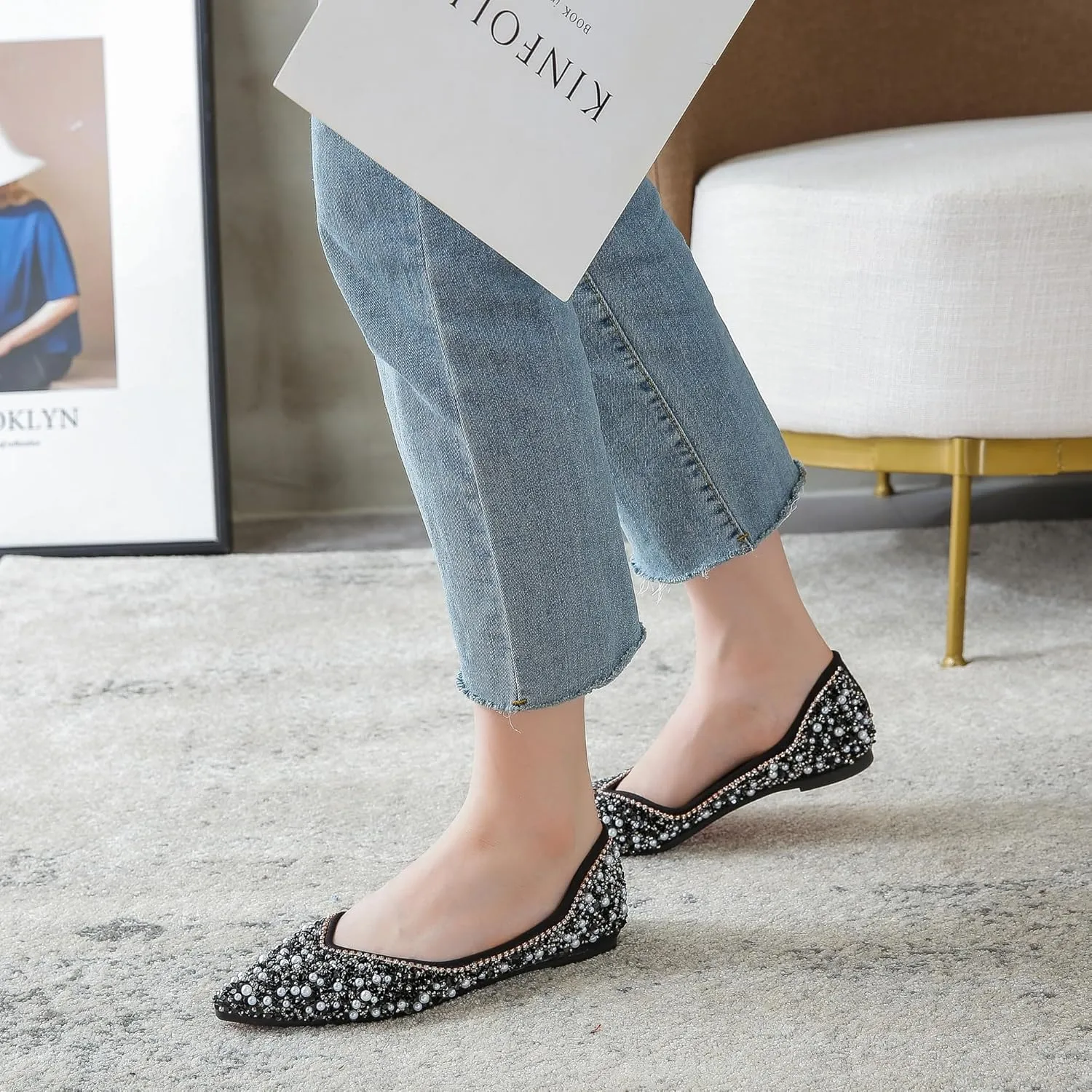 Women's Rhinestone Flats Elegant Bow Knot Glitter Ballet Flats Dress Pearl Wedding Shoes Pointed Toe Slip On Loafers for Women
