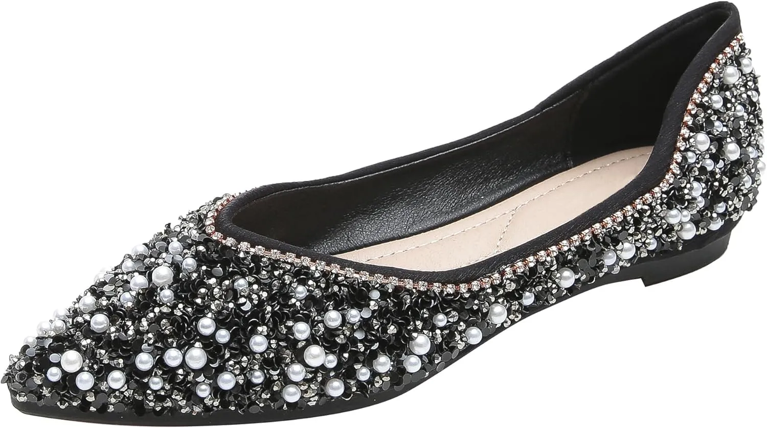 Women's Rhinestone Flats Elegant Bow Knot Glitter Ballet Flats Dress Pearl Wedding Shoes Pointed Toe Slip On Loafers for Women