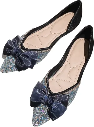Women's Rhinestone Flats Elegant Bow Knot Glitter Ballet Flats Dress Pearl Wedding Shoes Pointed Toe Slip On Loafers for Women