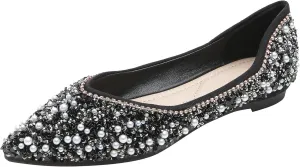Women's Rhinestone Flats Elegant Bow Knot Glitter Ballet Flats Dress Pearl Wedding Shoes Pointed Toe Slip On Loafers for Women