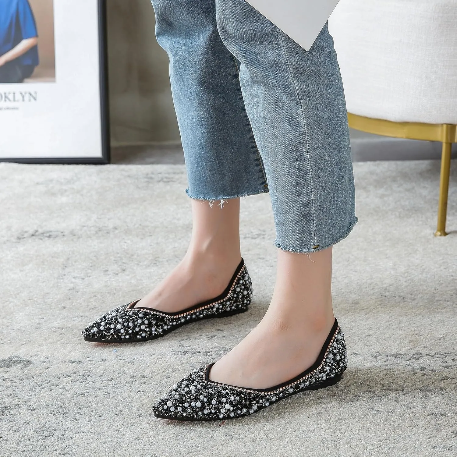 Women's Rhinestone Flats Elegant Bow Knot Glitter Ballet Flats Dress Pearl Wedding Shoes Pointed Toe Slip On Loafers for Women