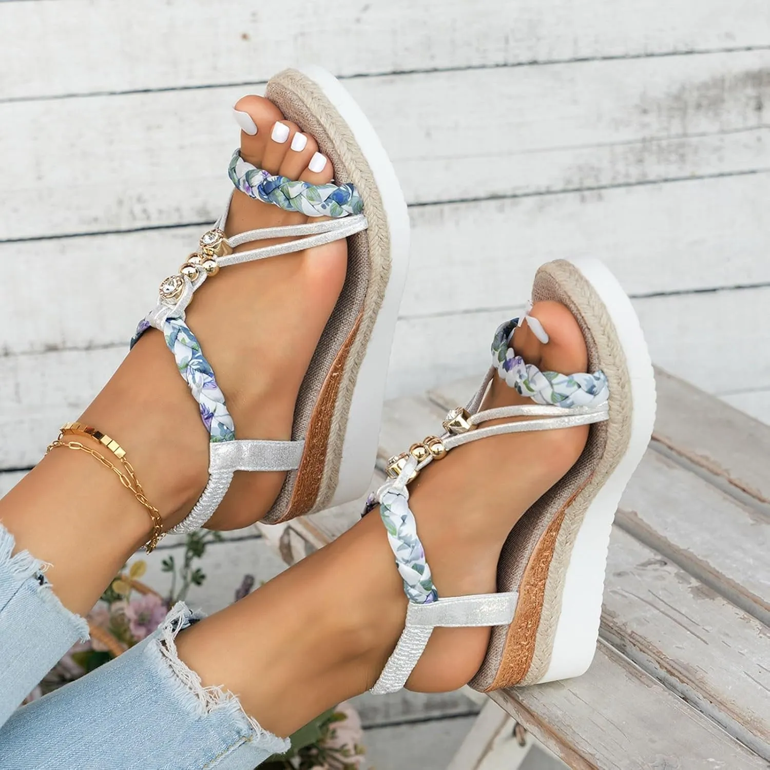 Women's Rhinestone Open Toe High Heel Roman Summer Platform Sandals Summer Low Wedges Comfortable Open Toe Sandals Elastic Ankle Strap Beach Walking Sandals