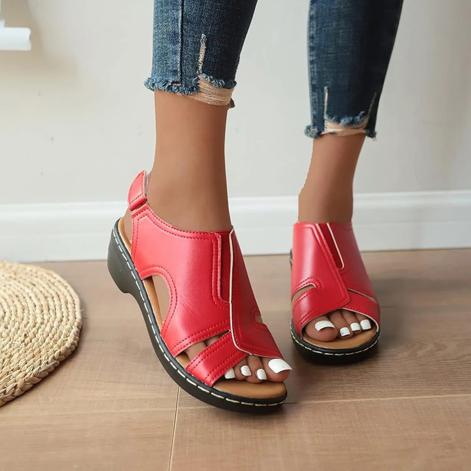 Women's Sadanar Orthopedic Arch Sandals Wedge Roman Sandals,Adjustable Ankle Strap Chunky Low Heel Casual Diabetic Walking Beach Sandals