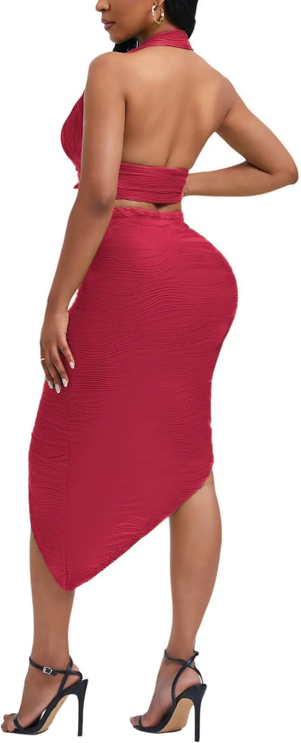 Women's Sexy Clubwear 2 Piece Set Halter Crop Top & High-Slit Bodycon Skirt for Night Out