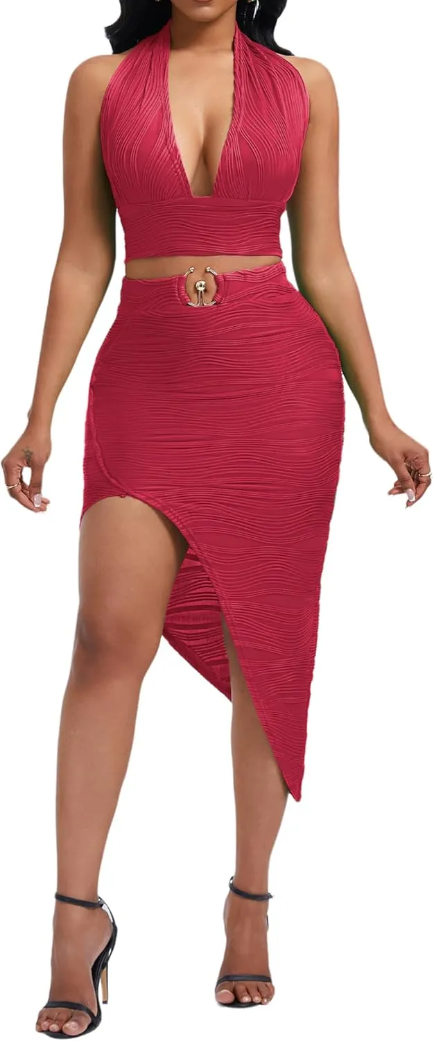 Women's Sexy Clubwear 2 Piece Set Halter Crop Top & High-Slit Bodycon Skirt for Night Out