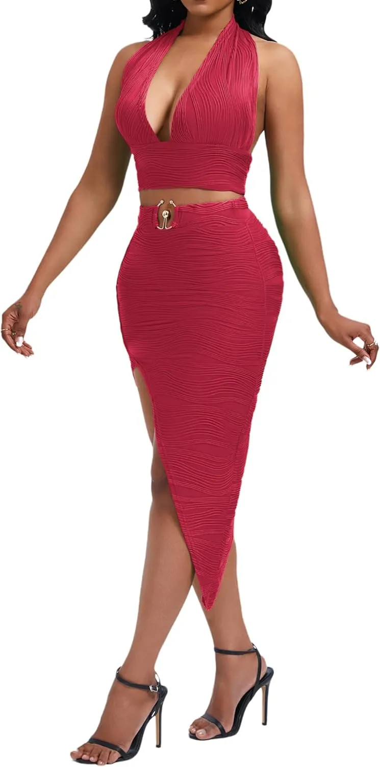 Women's Sexy Clubwear 2 Piece Set Halter Crop Top & High-Slit Bodycon Skirt for Night Out