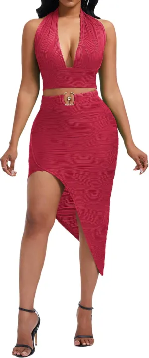 Women's Sexy Clubwear 2 Piece Set Halter Crop Top & High-Slit Bodycon Skirt for Night Out