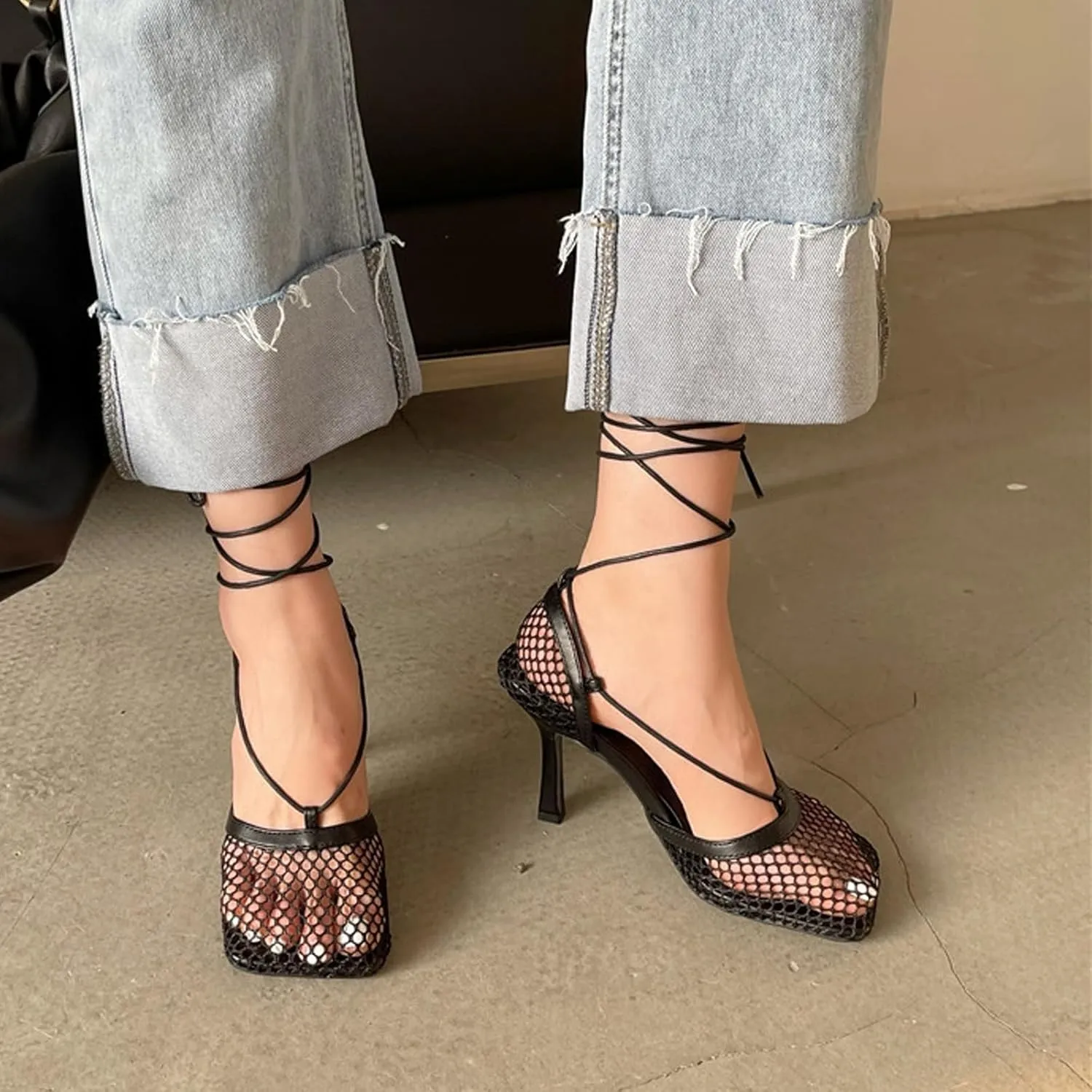 Women's Sexy Square Toe Mesh Ankle Cross-Tied High Heels Rome Sandals Closed Toe Mesh Lace Up Stiletto Heel Sandals