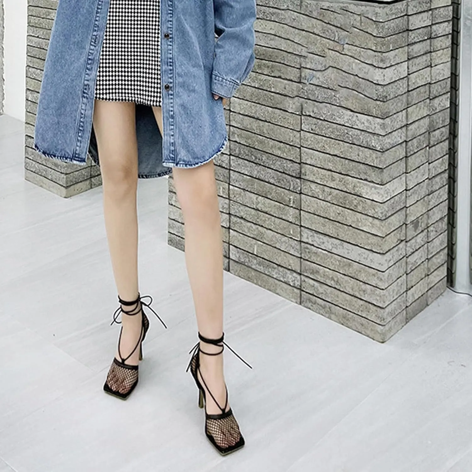 Women's Sexy Square Toe Mesh Ankle Cross-Tied High Heels Rome Sandals Closed Toe Mesh Lace Up Stiletto Heel Sandals