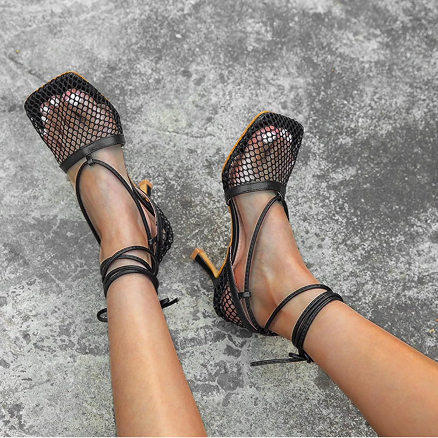 Women's Sexy Square Toe Mesh Ankle Cross-Tied High Heels Rome Sandals Closed Toe Mesh Lace Up Stiletto Heel Sandals
