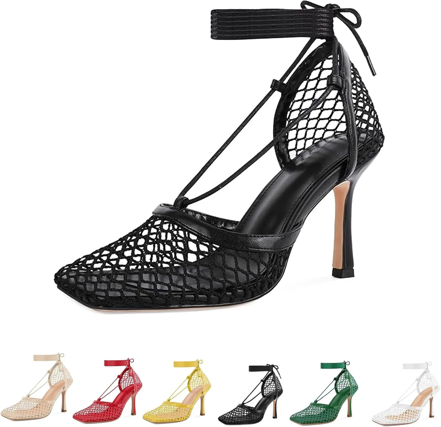 Women's Sexy Square Toe Mesh Ankle Cross-Tied High Heels Rome Sandals Closed Toe Mesh Lace Up Stiletto Heel Sandals