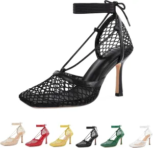 Women's Sexy Square Toe Mesh Ankle Cross-Tied High Heels Rome Sandals Closed Toe Mesh Lace Up Stiletto Heel Sandals