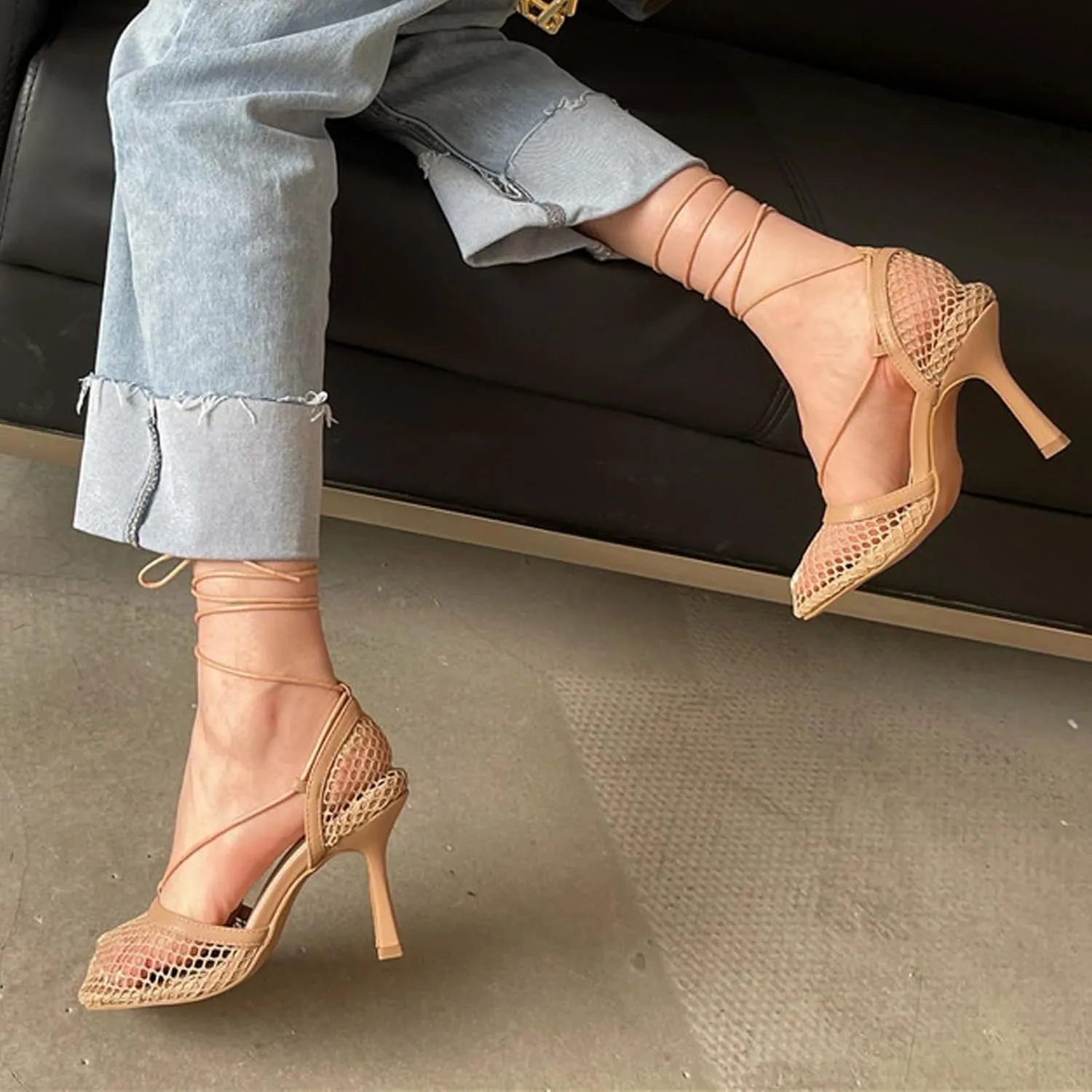 Women's Sexy Square Toe Mesh Ankle Cross-Tied High Heels Rome Sandals Closed Toe Mesh Lace Up Stiletto Heel Sandals