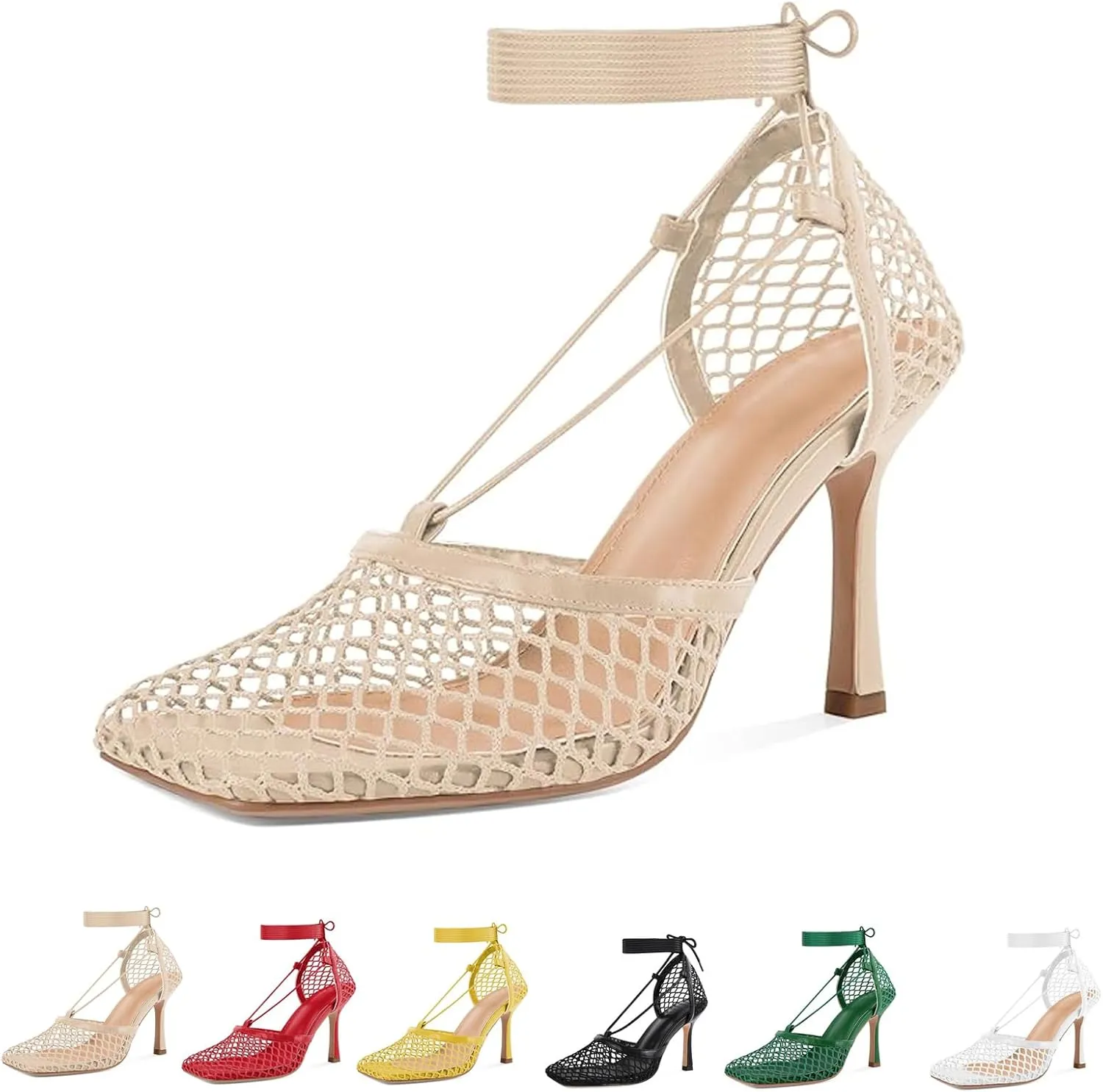 Women's Sexy Square Toe Mesh Ankle Cross-Tied High Heels Rome Sandals Closed Toe Mesh Lace Up Stiletto Heel Sandals