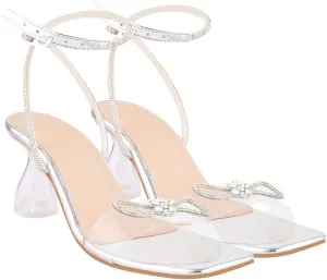 Women's Single Bowknots Crystal Sandals Clear Slingback Heels Square Toe Shoes for Party Wedding