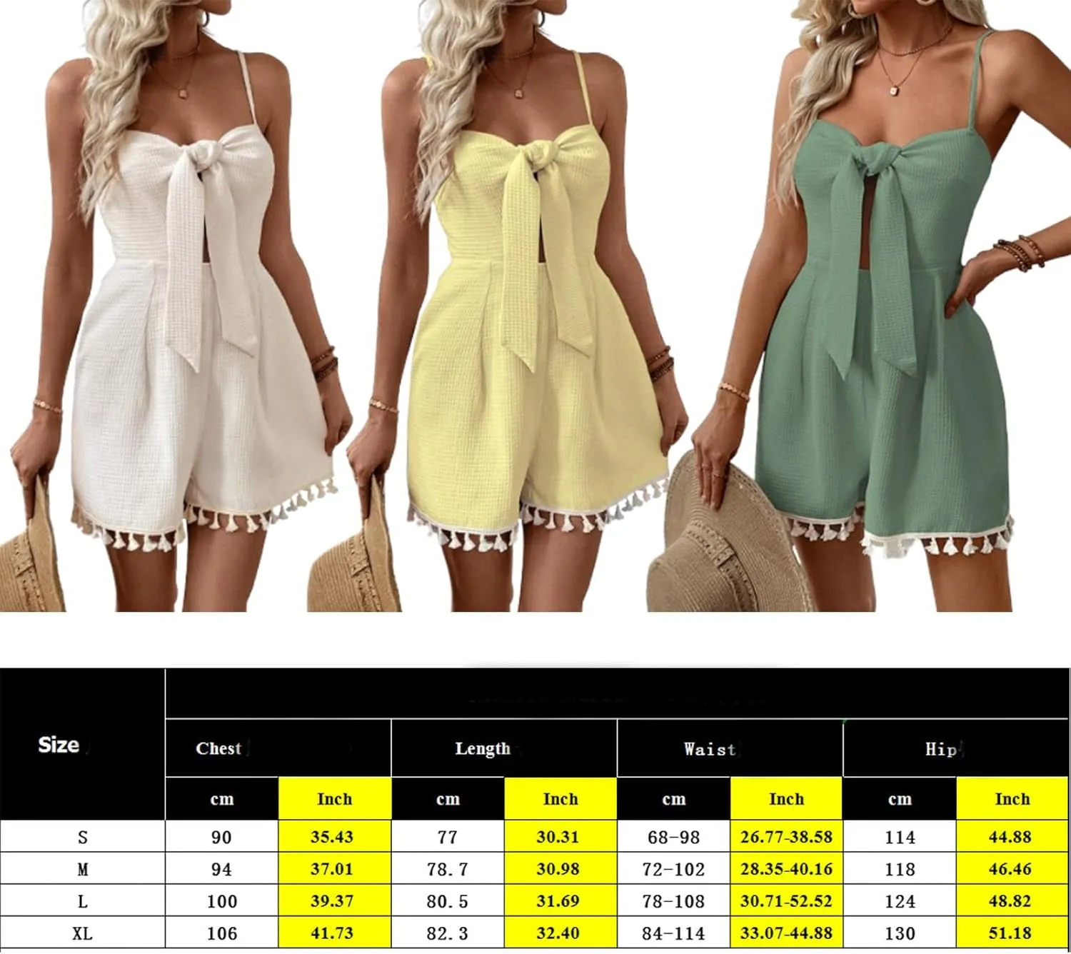 Women's Sleeveless Tie-Front Romper - Lightweight Textured Shorts with Tassels for Beach/Summer