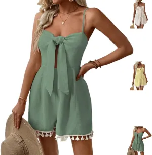 Women's Sleeveless Tie-Front Romper - Lightweight Textured Shorts with Tassels for Beach/Summer
