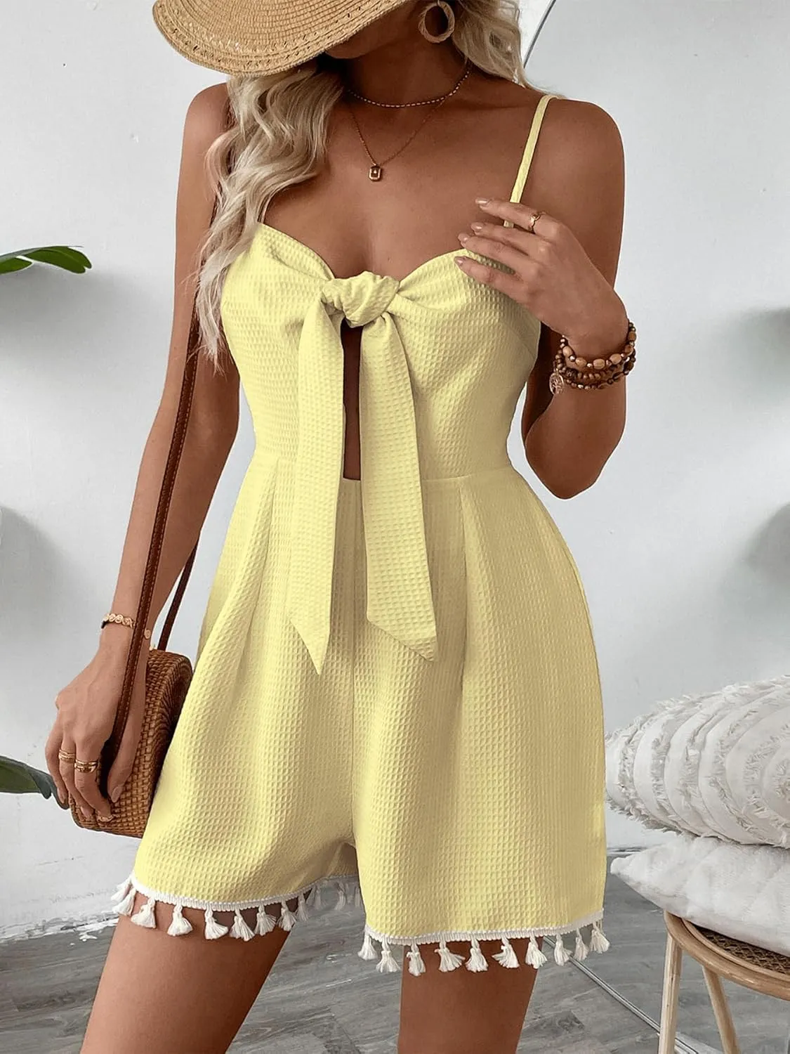 Women's Sleeveless Tie-Front Romper - Lightweight Textured Shorts with Tassels for Beach/Summer