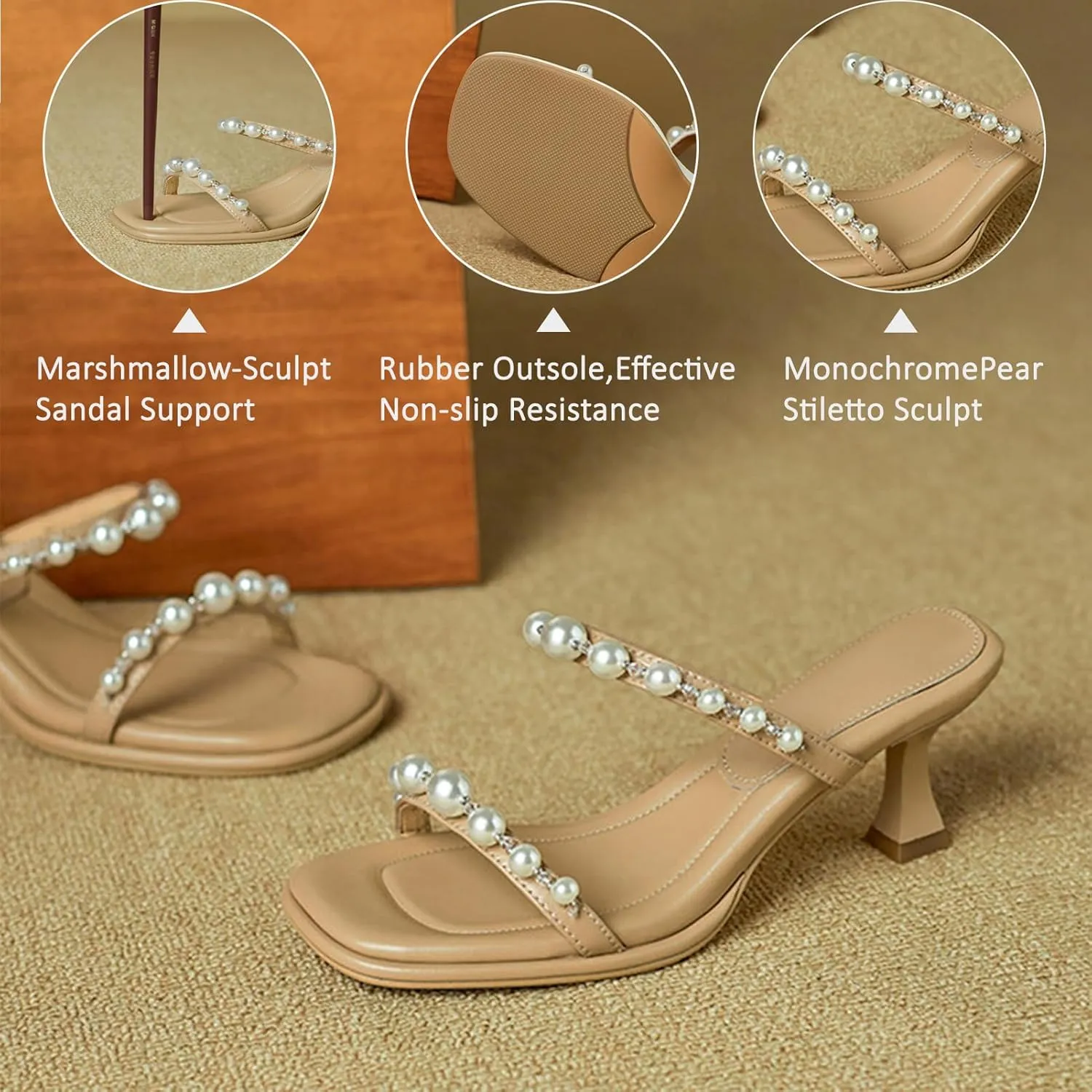 Women's Square Open Toe Kitten Mid Heeled Sandals Two Pearl Strap Wedding Casual Dressy Party