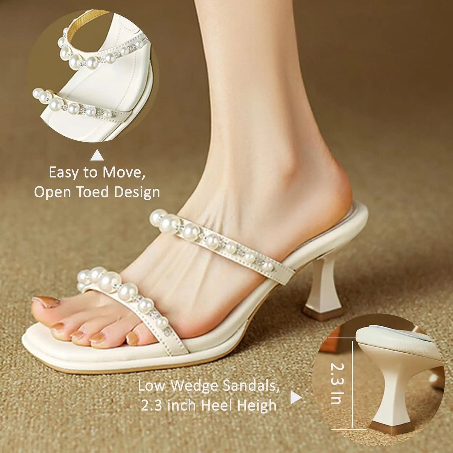 Women's Square Open Toe Kitten Mid Heeled Sandals Two Pearl Strap Wedding Casual Dressy Party