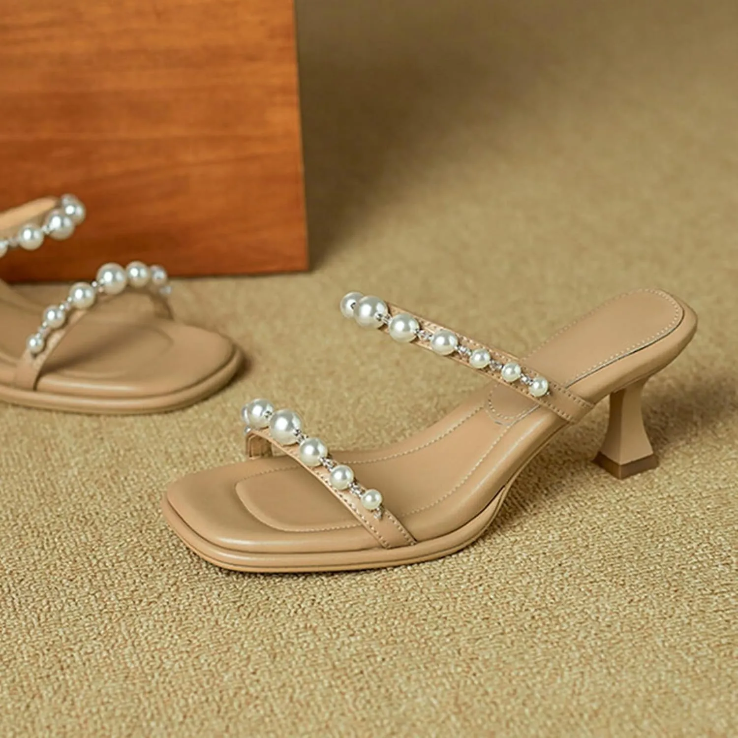 Women's Square Open Toe Kitten Mid Heeled Sandals Two Pearl Strap Wedding Casual Dressy Party