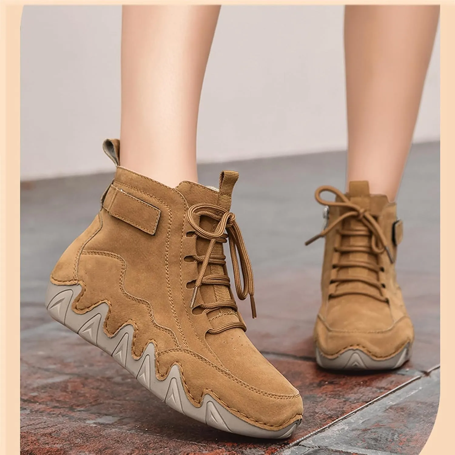 Women'S Suede Lace-Up Flat Handmade Booties Fashion Round Toe Side Zipper Slip-On Waterproof Outdoor Hiking Boots For Driving Trail