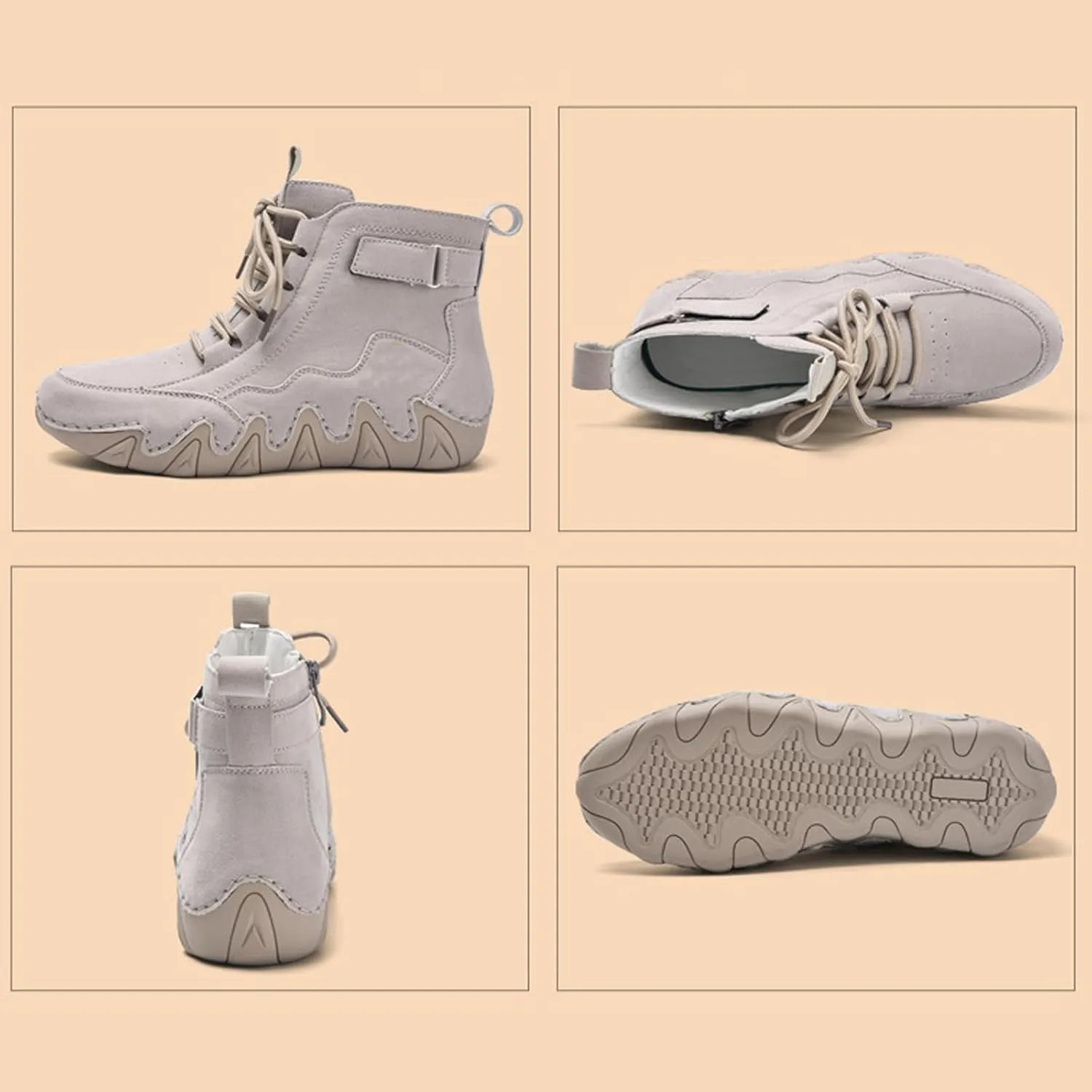 Women'S Suede Lace-Up Flat Handmade Booties Fashion Round Toe Side Zipper Slip-On Waterproof Outdoor Hiking Boots For Driving Trail
