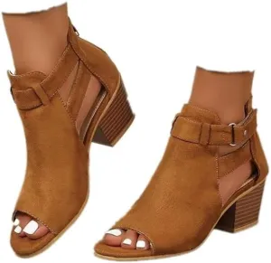 Womens Suede Peep Toe Chunky Heels Ankle Booties with Ankle Strap Cutout Wedge Back Zipper Sandals Dress Walking Boots