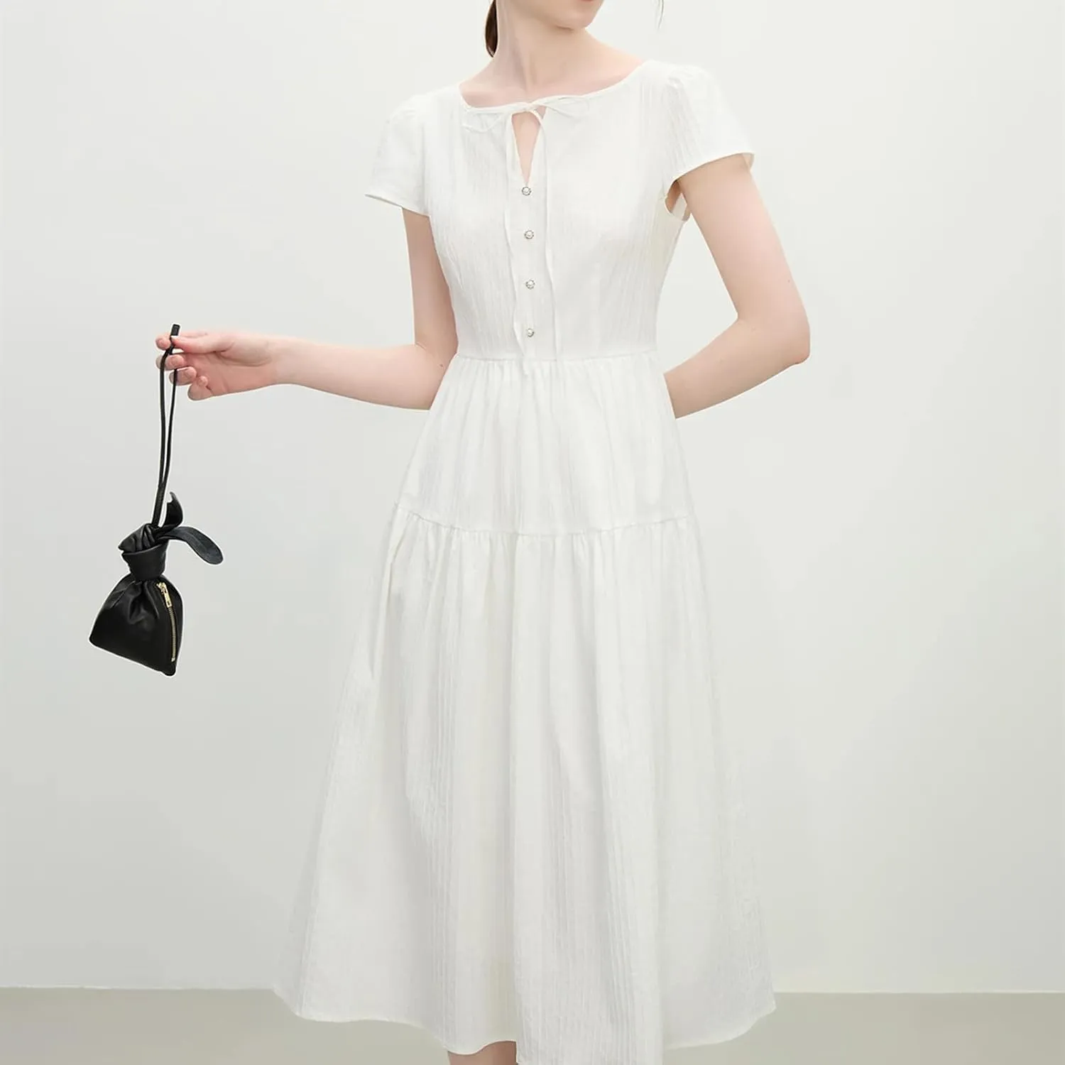 Women’s Textured High Waist Tie Waist Cap Sleeve Midi Dress Casual Chic Day to Night Outfit