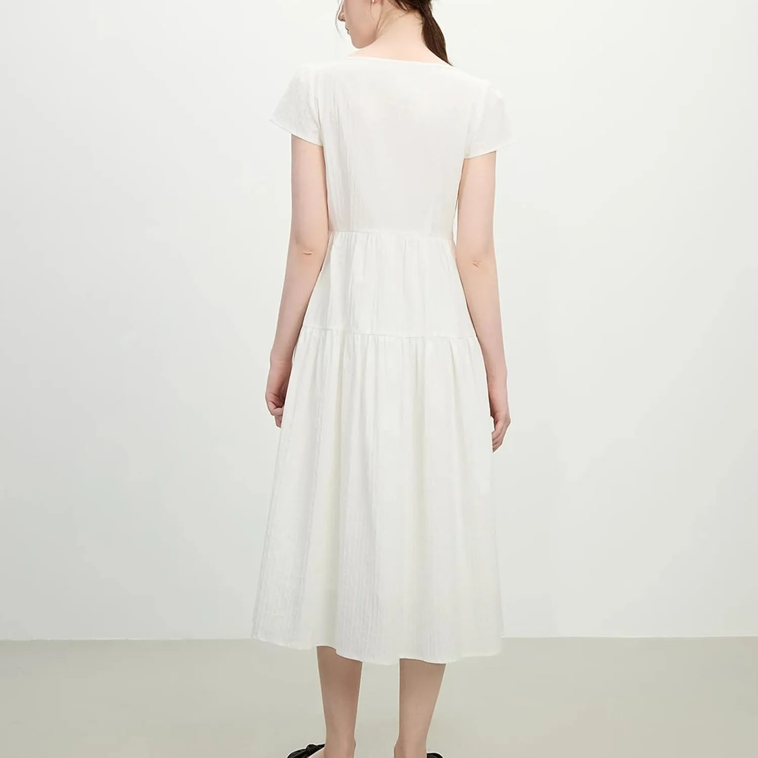 Women’s Textured High Waist Tie Waist Cap Sleeve Midi Dress Casual Chic Day to Night Outfit