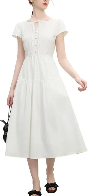 Women’s Textured High Waist Tie Waist Cap Sleeve Midi Dress Casual Chic Day to Night Outfit