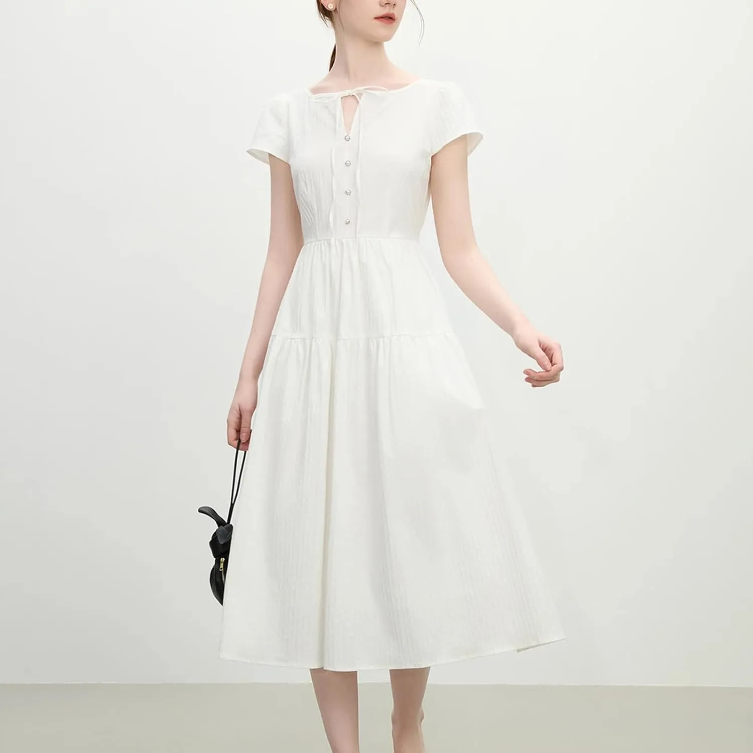 Women’s Textured High Waist Tie Waist Cap Sleeve Midi Dress Casual Chic Day to Night Outfit