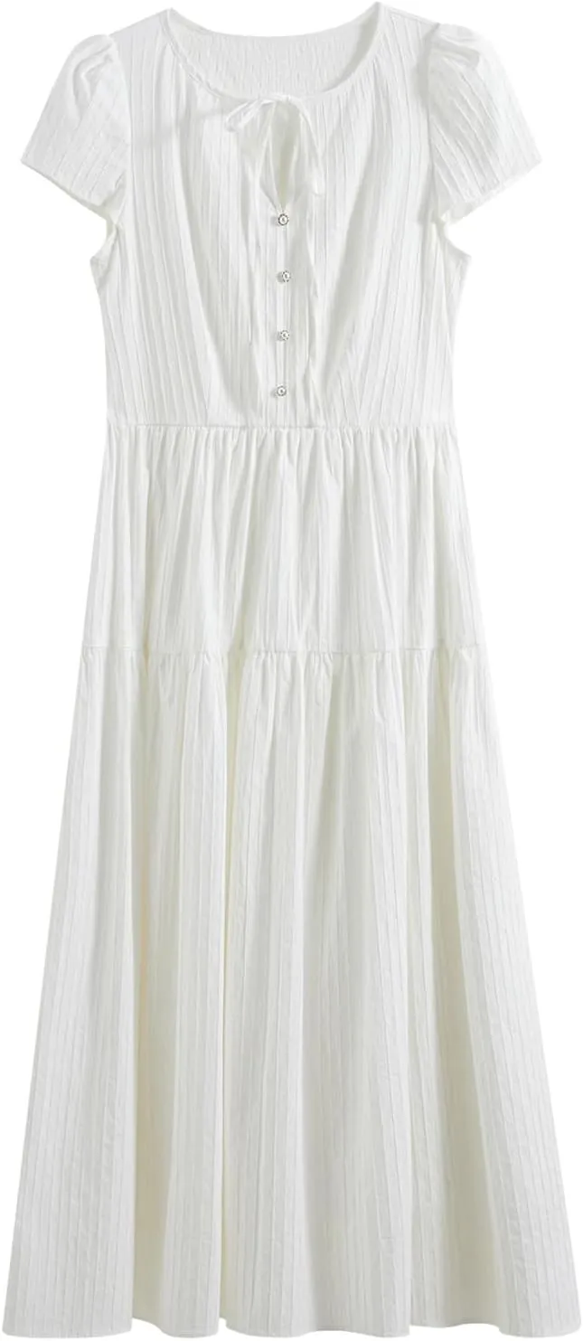 Women’s Textured High Waist Tie Waist Cap Sleeve Midi Dress Casual Chic Day to Night Outfit