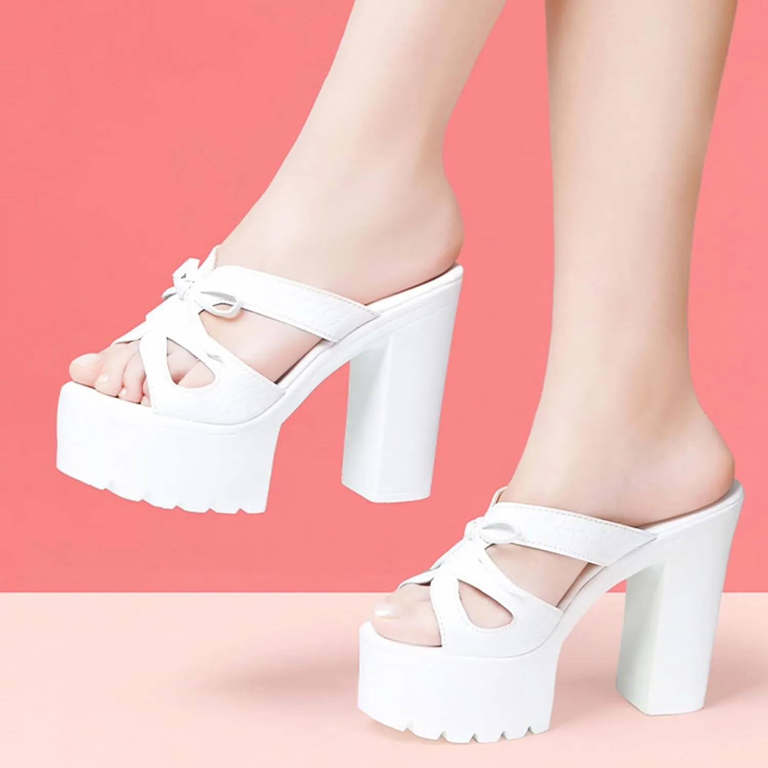 Women's Textured Platform Block High Heel Mule Sandals Sexy Open Toe Bowknot Non-Slip Height Increased Party Evening Formal Slip-On Sandals