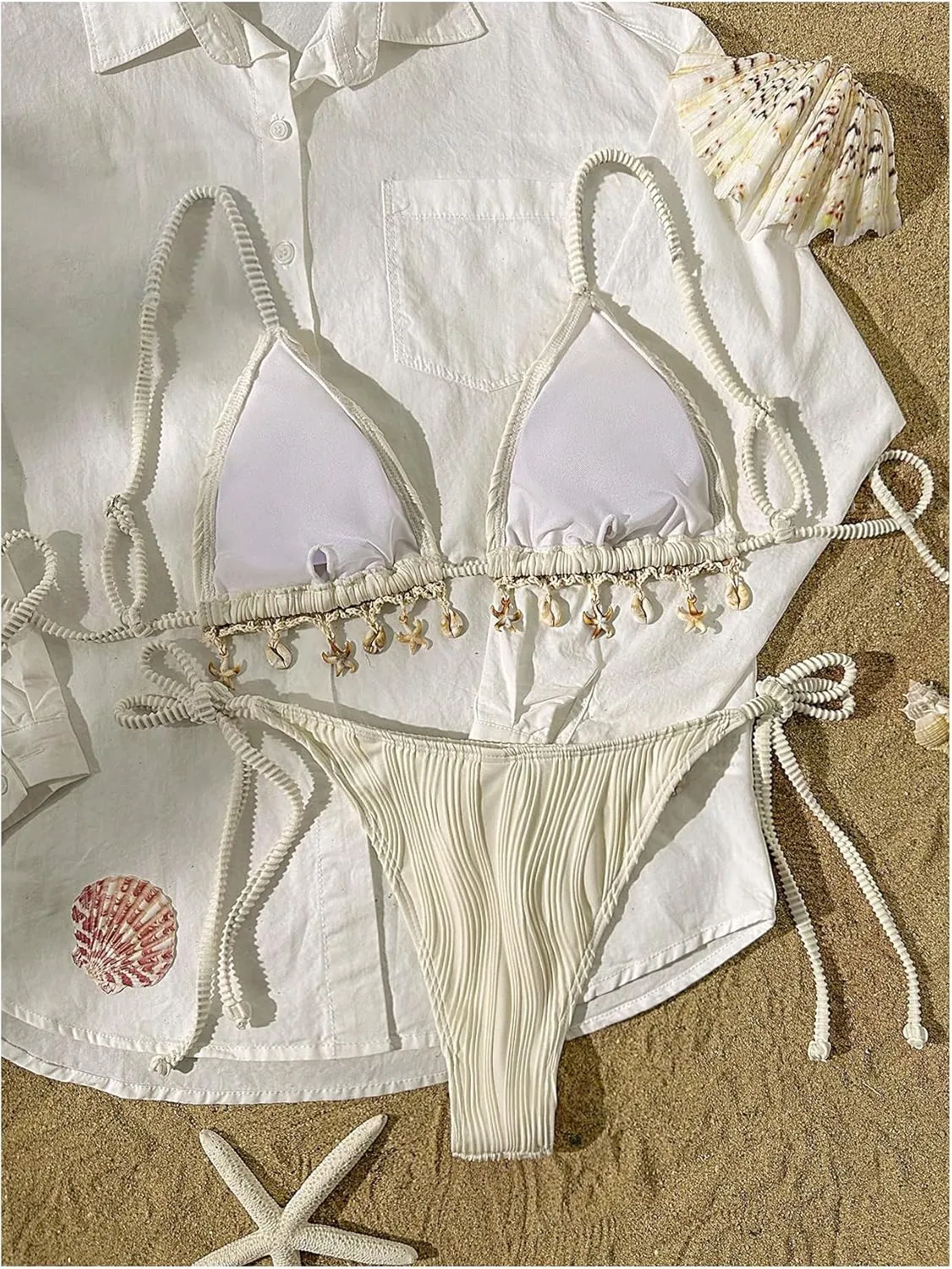 Women's Two Piece Bikini Set Textured Seashell Triangle High Cut Swimsuit Bathing Suit
