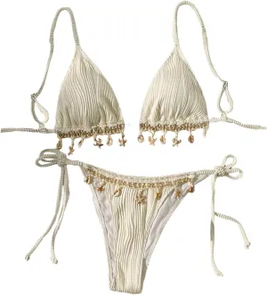 Women's Two Piece Bikini Set Textured Seashell Triangle High Cut Swimsuit Bathing Suit