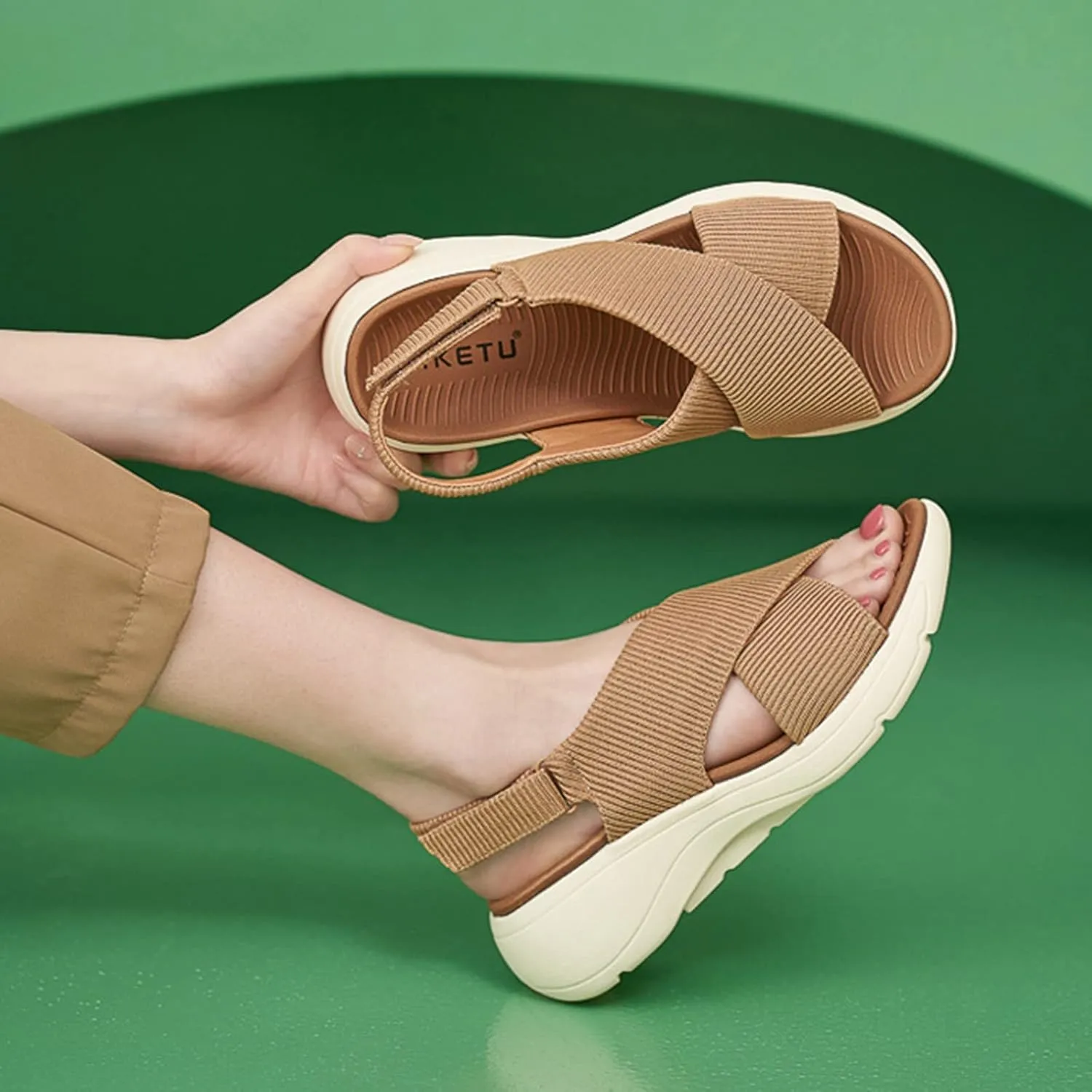 Women's Wedge Sandals Comfort Slingback Arch Support Ribbed Cross-Strap Design Sandal Breathable Cushioned Stain Resistant Sports Shoes Outdoors Beach Office Yoga Party Walking Shoes