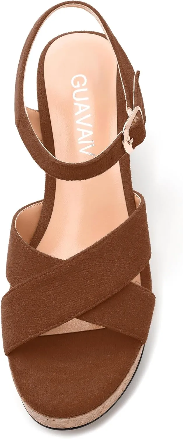 Women's Wedge Sandals, Open Round Toe Heeled Sandals for Women, Ankle Strap Buckle Fashion Solid Platform Sandals for Dating Working Party