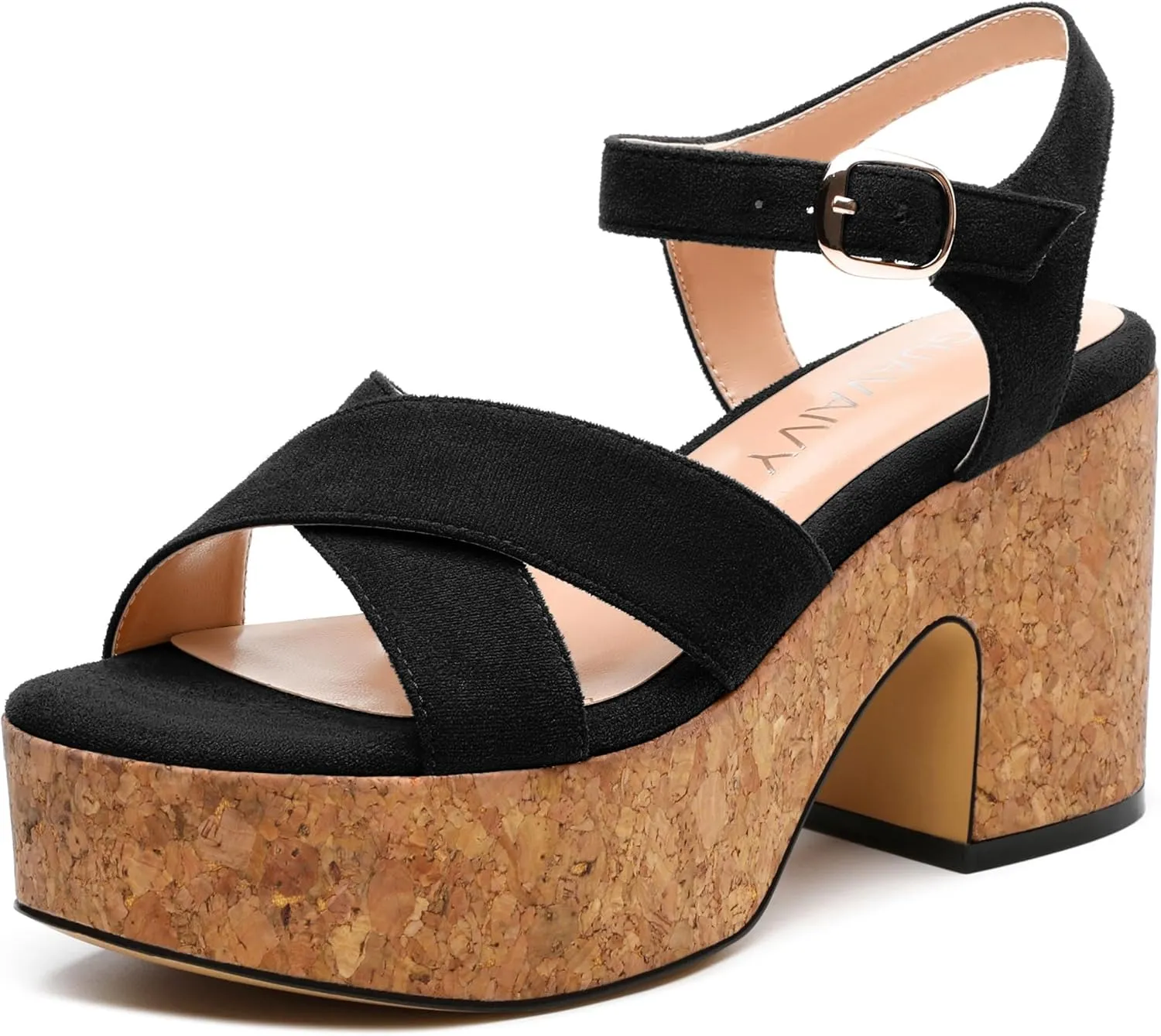 Women's Wedge Sandals, Open Round Toe Heeled Sandals for Women, Ankle Strap Buckle Fashion Solid Platform Sandals for Dating Working Party