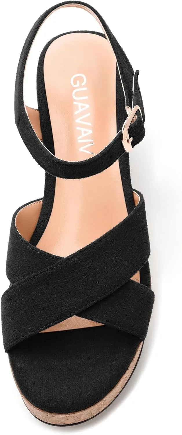 Women's Wedge Sandals, Open Round Toe Heeled Sandals for Women, Ankle Strap Buckle Fashion Solid Platform Sandals for Dating Working Party